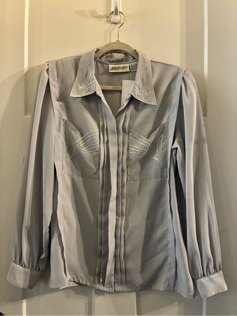 Yves St. Clair Pale Gray Satin Button-Front Blouse